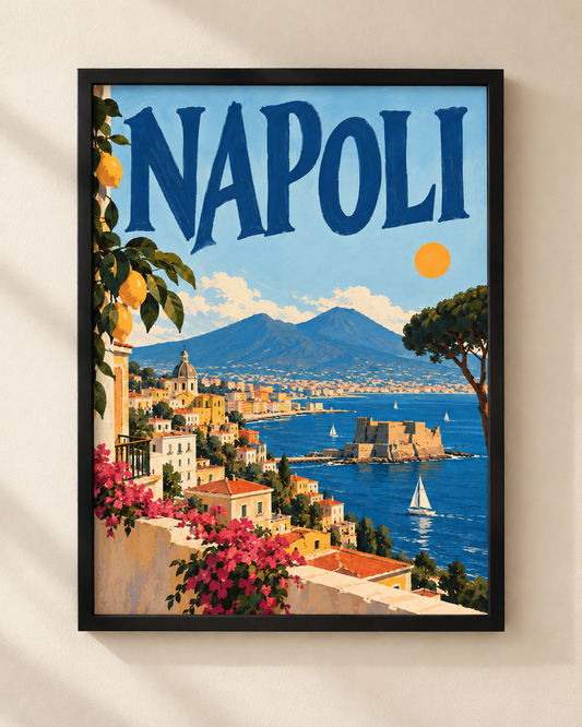 NEX Napoli illustrated travel poster in a black frame, depicting the Bay of Naples, Mount Vesuvius, blue sea and lemon trees