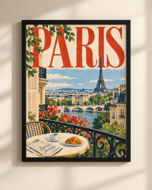 NEX Paris vintage travel poster in a black frame, showing the Eiffel Tower, Paris rooftops and a café terrace