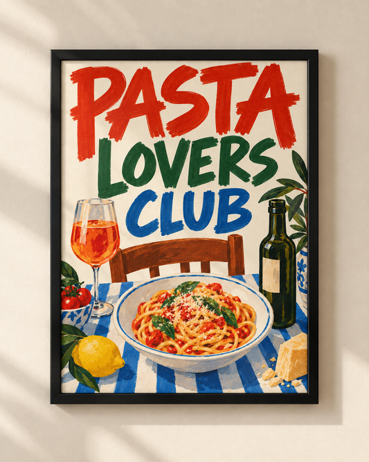 Pasta Lovers Club illustrated poster in a black frame with spaghetti, wine and Mediterranean table details