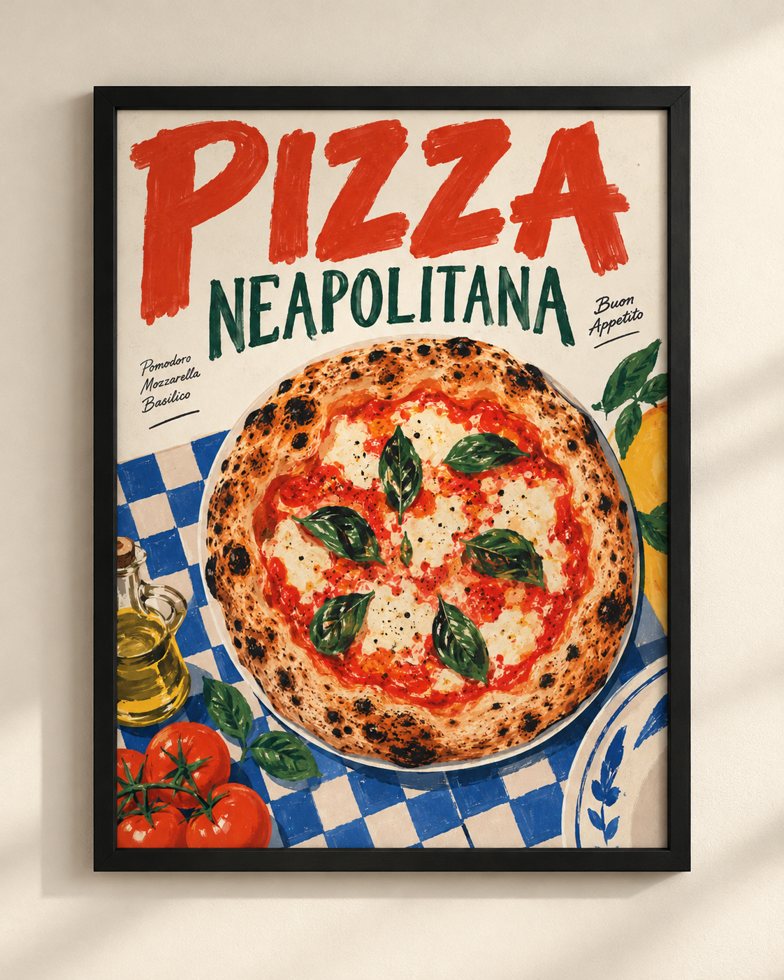 NEX Pasta Lovers Club Pizza Neapolitana illustrated poster in a black frame