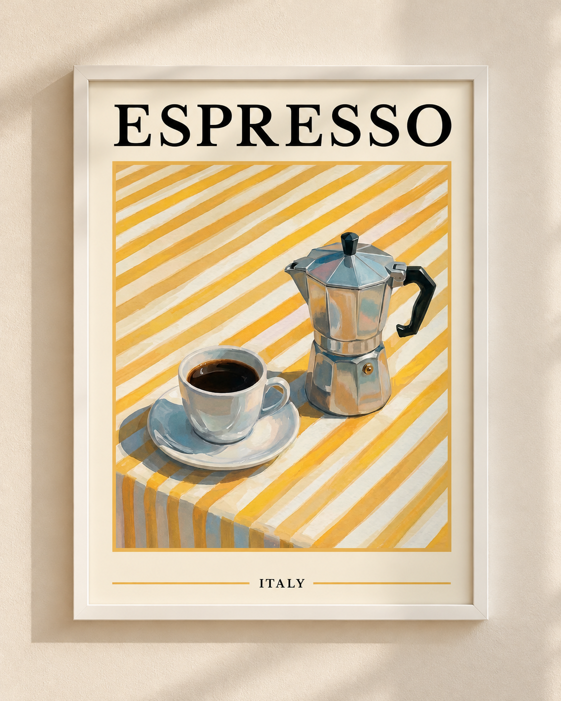 Plakat Espresso w stylu vintage z ilustracją kawiarki moka i filiżanki kawy w białej ramie