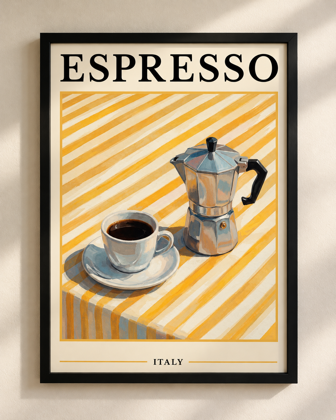 Plakat Espresso w stylu vintage z ilustracją kawiarki moka i filiżanki kawy w czarnej ramie