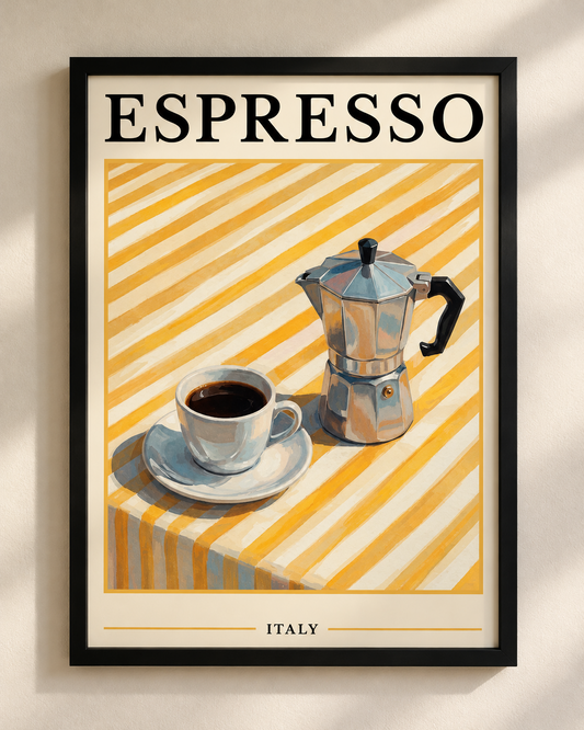Plakat Espresso w stylu vintage z ilustracją kawiarki moka i filiżanki kawy w czarnej ramie