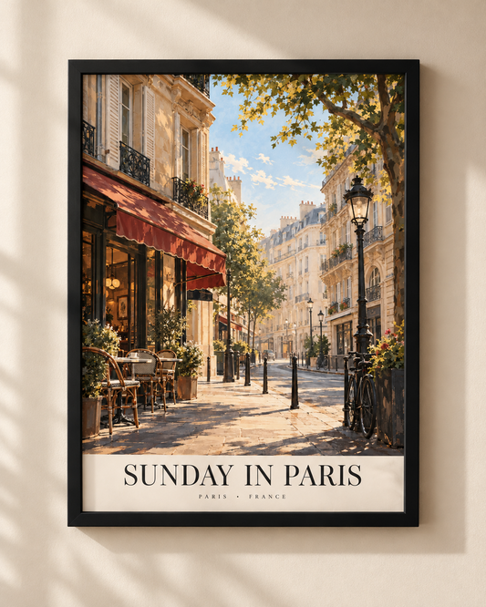 Sunday in Paris poster in a black frame against a warm ivory wall