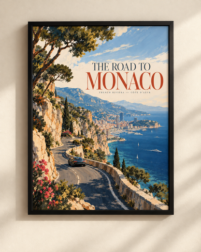 NEX The Road to Monaco travel poster in a black frame, scenic French Riviera coastal road and sea