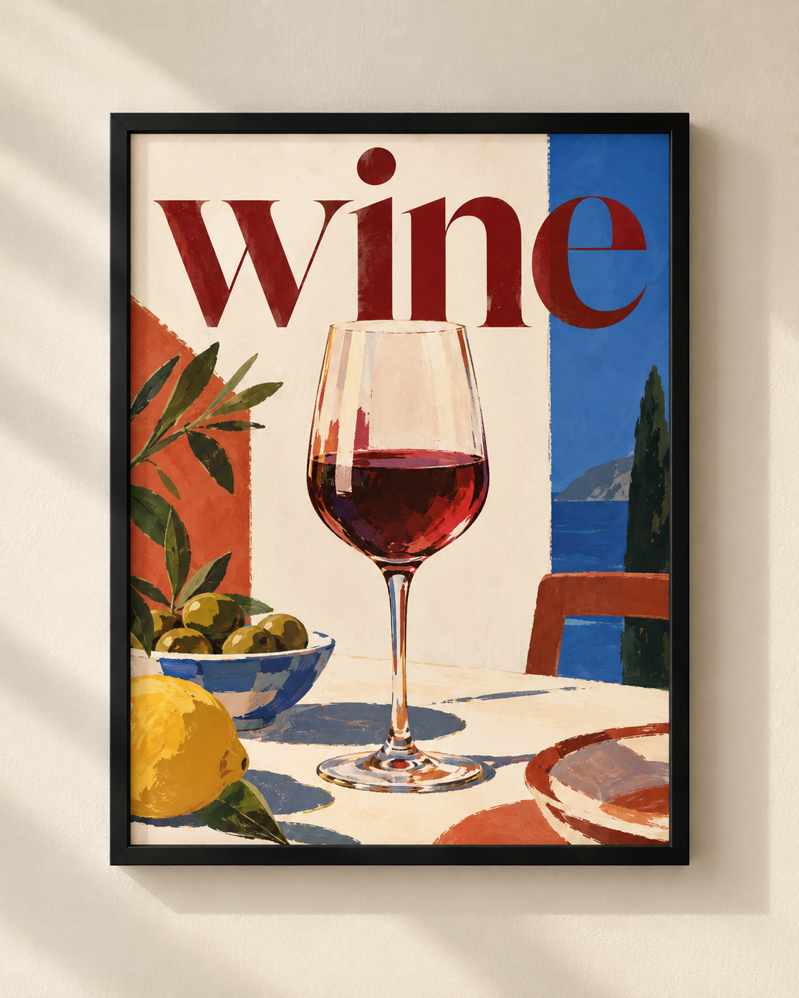 Plakat Wine – śródziemnomorska ilustracja w czarnej drewnianej ramie, NEX