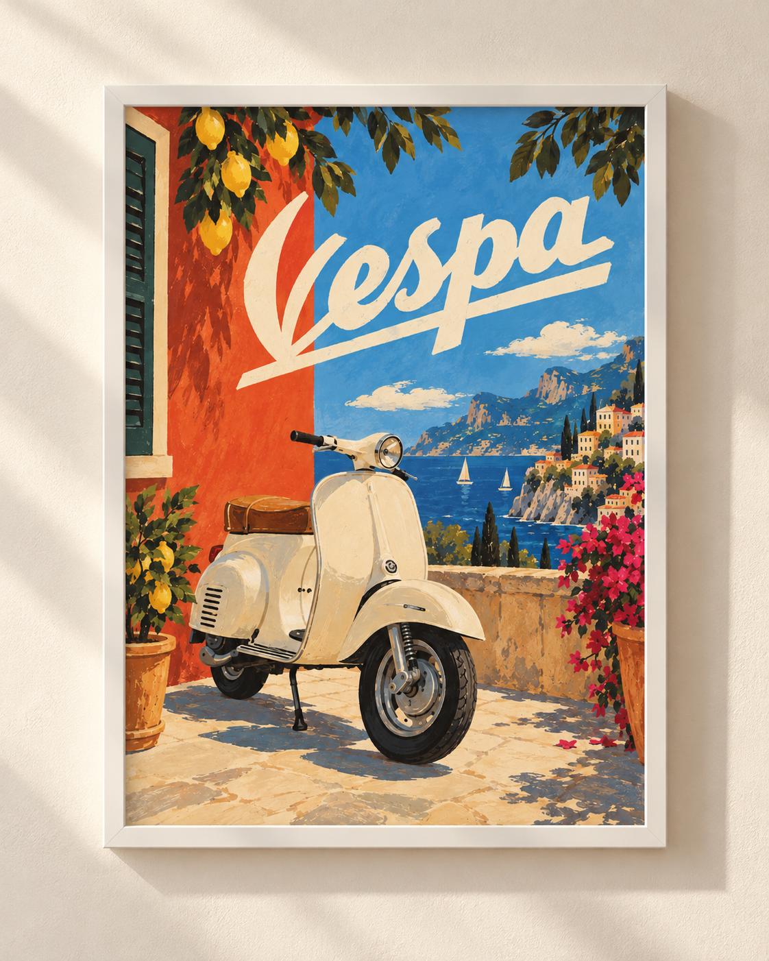 Plakat Vespa na śródziemnomorskim wybrzeżu w białej drewnianej ramie