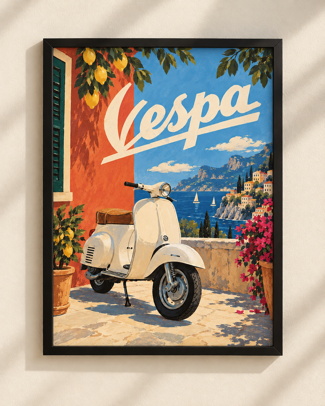 Plakat Vespa na śródziemnomorskim wybrzeżu w czarnej drewnianej ramie