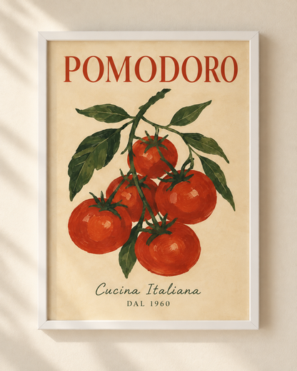 Plakat Pomodoro z ilustracją pomidorów w białej ramie