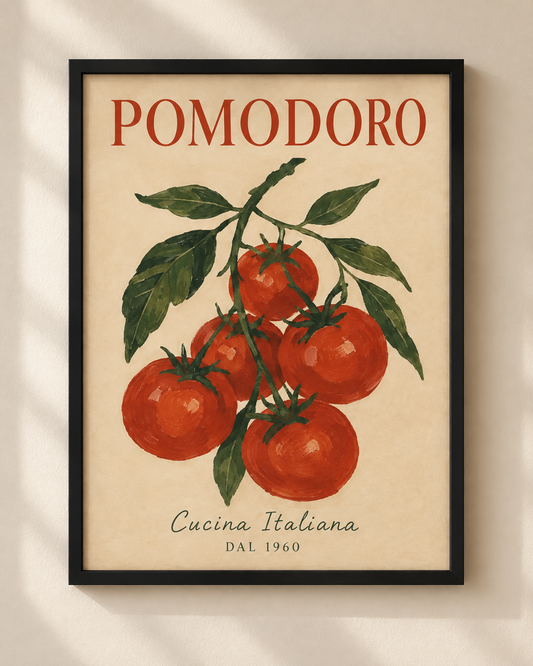 Plakat Pomodoro z ilustracją pomidorów w czarnej ramie