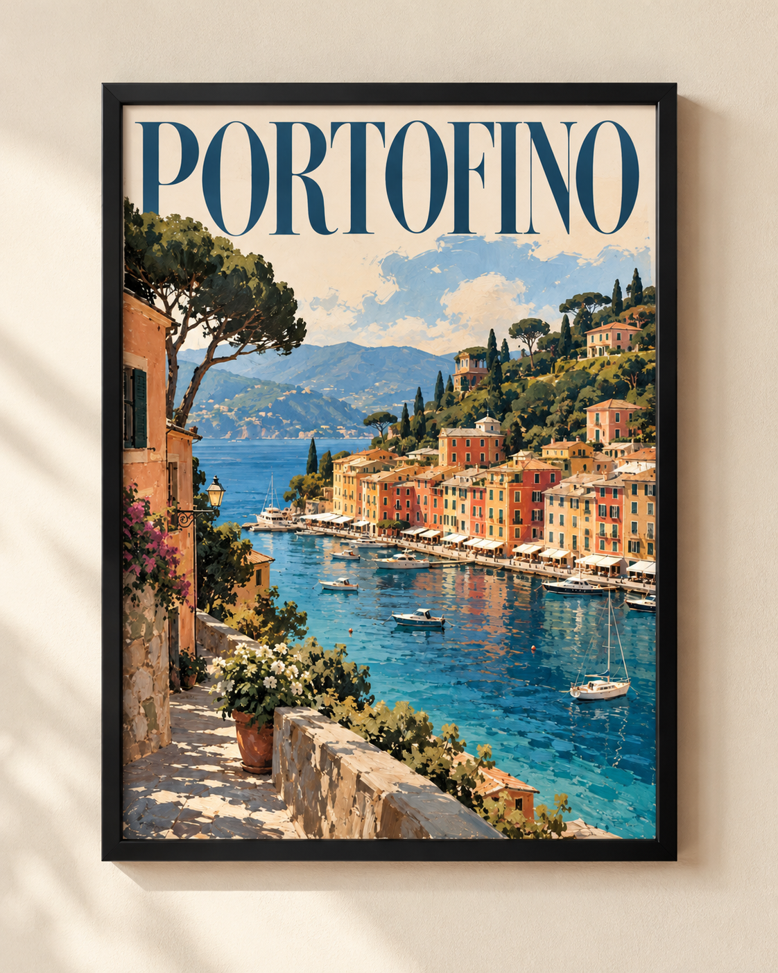 Portofino illustrated travel poster displayed in a black frame on an ivory wall