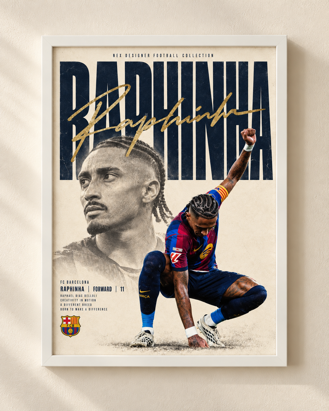Plakat Raphinha FC Barcelona w białej ramie