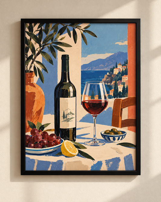 Plakat Red Wine w czarnej drewnianej ramie, przedstawiający wino i śródziemnomorski pejzaż