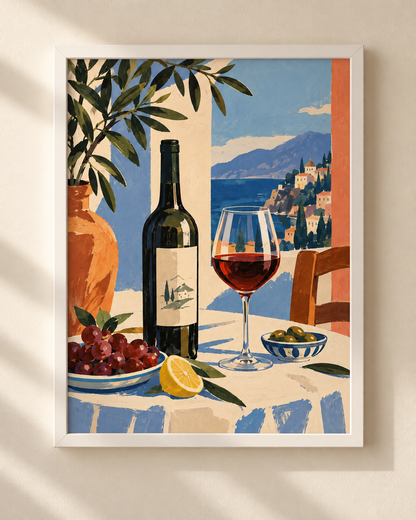 Plakat Red Wine w białej drewnianej ramie, przedstawiający wino i śródziemnomorski pejzaż