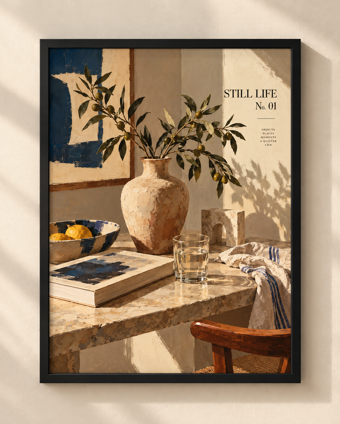 Still Life No. 01 art print in a black frame, styled in a warm Mediterranean interior