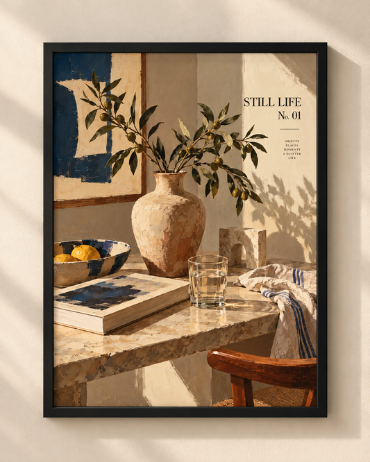 Still Life No. 01 art print in a black frame, styled in a warm Mediterranean interior