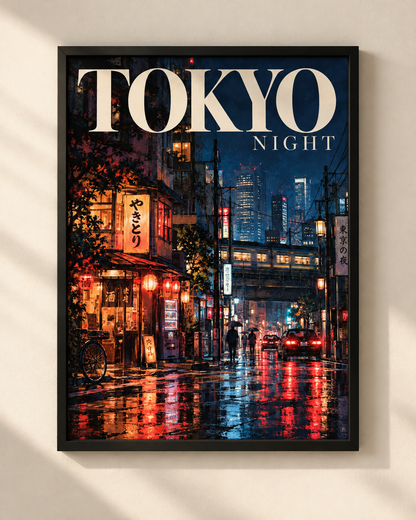 Tokyo Night travel art poster in a black frame, showing a rainy neon-lit Tokyo street at night