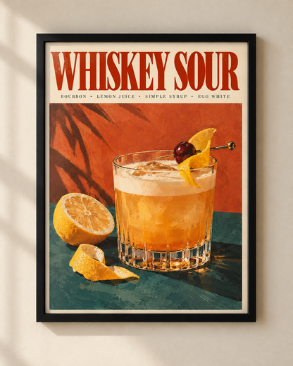 Whiskey Sour cocktail art print in a black frame, orange and teal vintage-style illustration